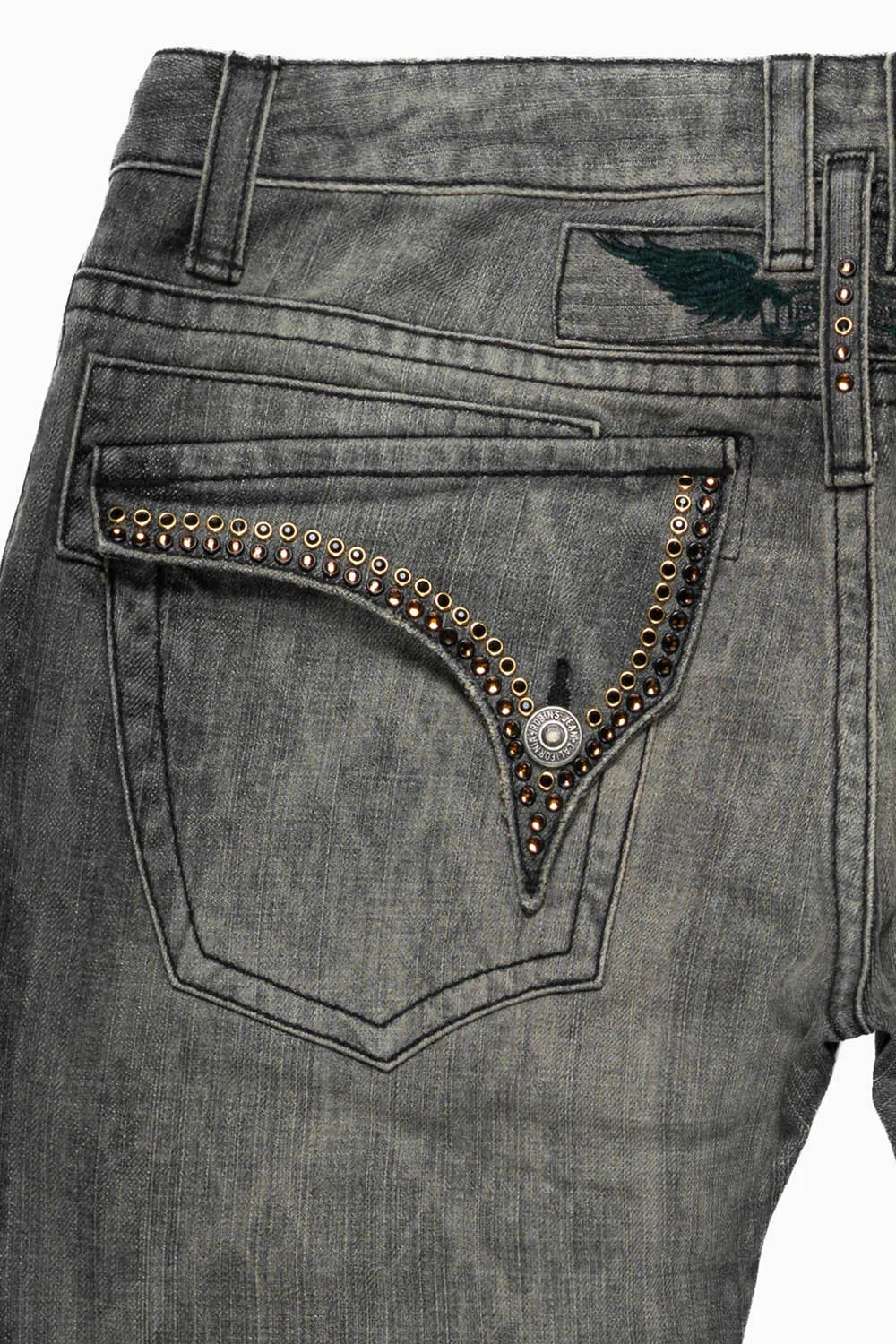LONG FLAP STRAIGHT LEG JEANS WITH CRYSTALS IN AZTECA CHARCOAL WASH sold by Robin's Jean product image thumbnail 2