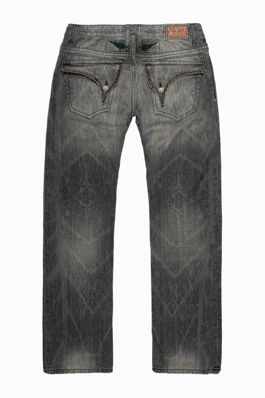 LONG FLAP STRAIGHT LEG JEANS WITH CRYSTALS IN AZTECA CHARCOAL WASH made by Robin's Jean