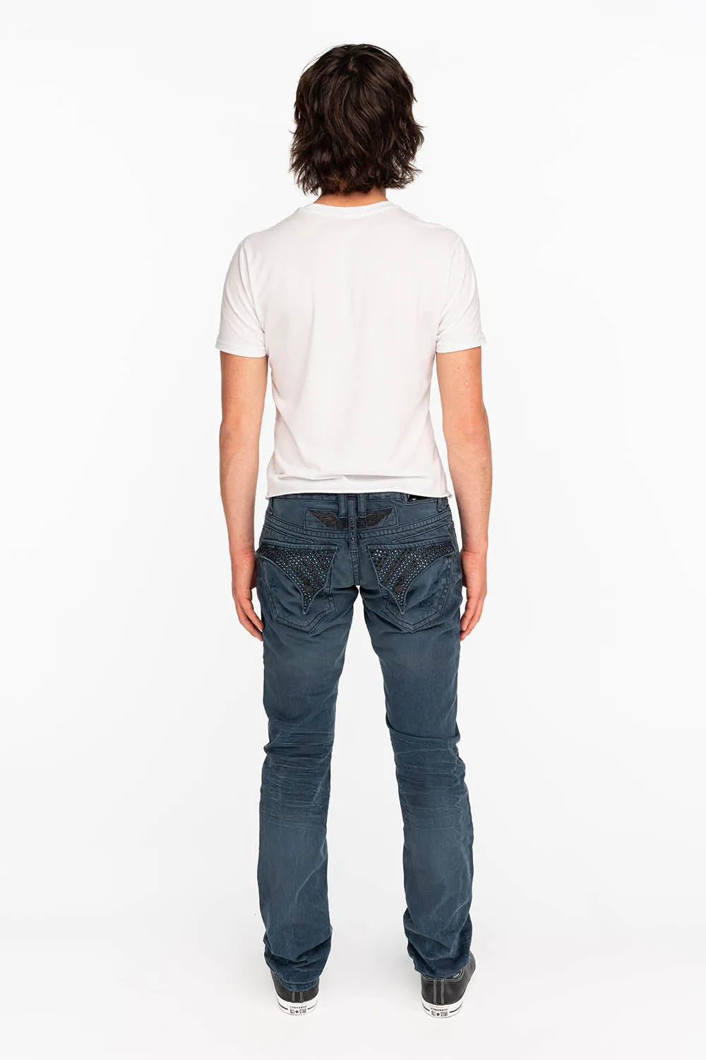 ROBIN'S MENS SLIM LONG FLAP JEANS WITH CRYSTALS IN 4D DARK BROKEN BACKING sold by Robin's Jean product image thumbnail 5