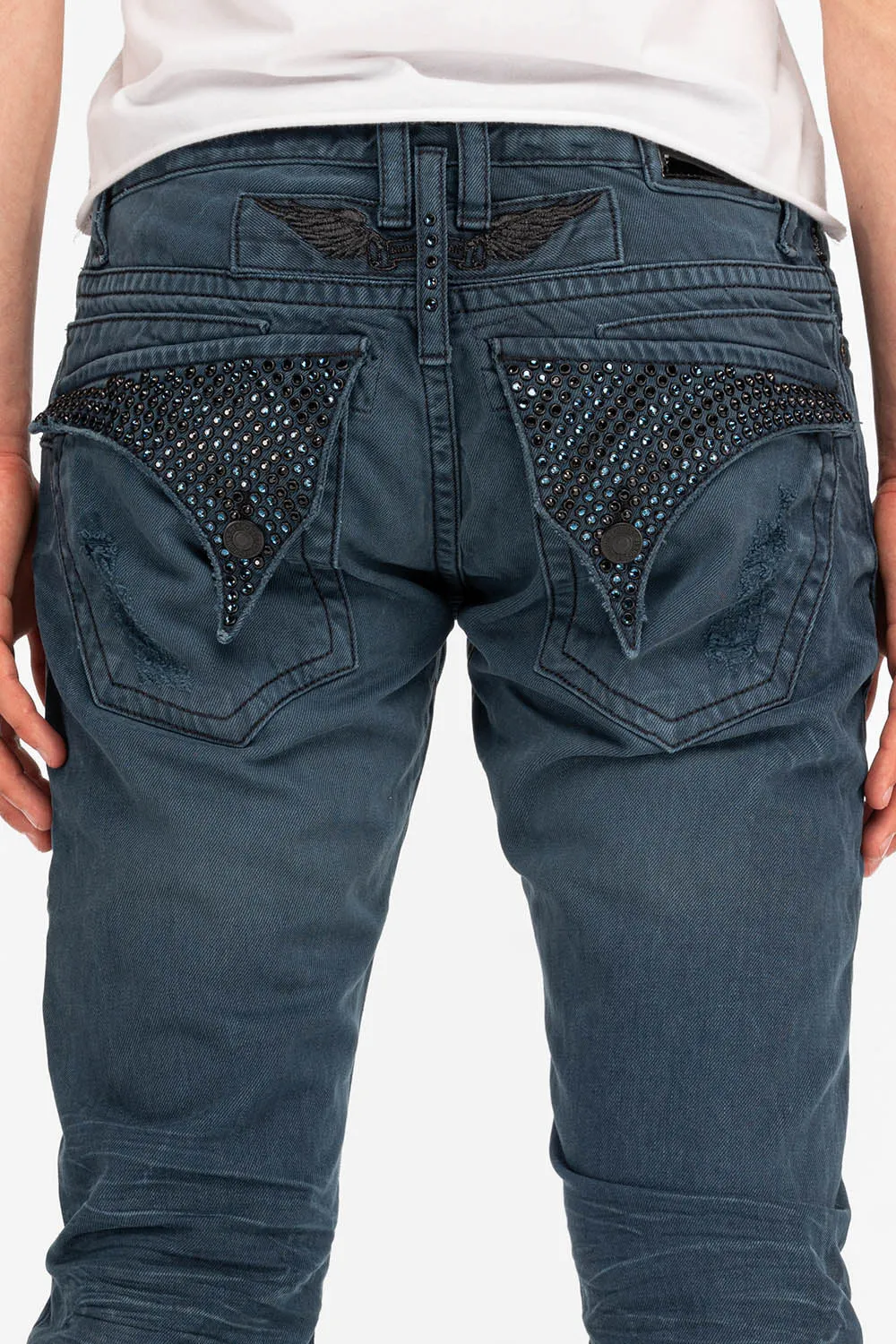 ROBIN'S MENS SLIM LONG FLAP JEANS WITH CRYSTALS IN 4D DARK BROKEN BACKING sold by Robin's Jean product image thumbnail 3