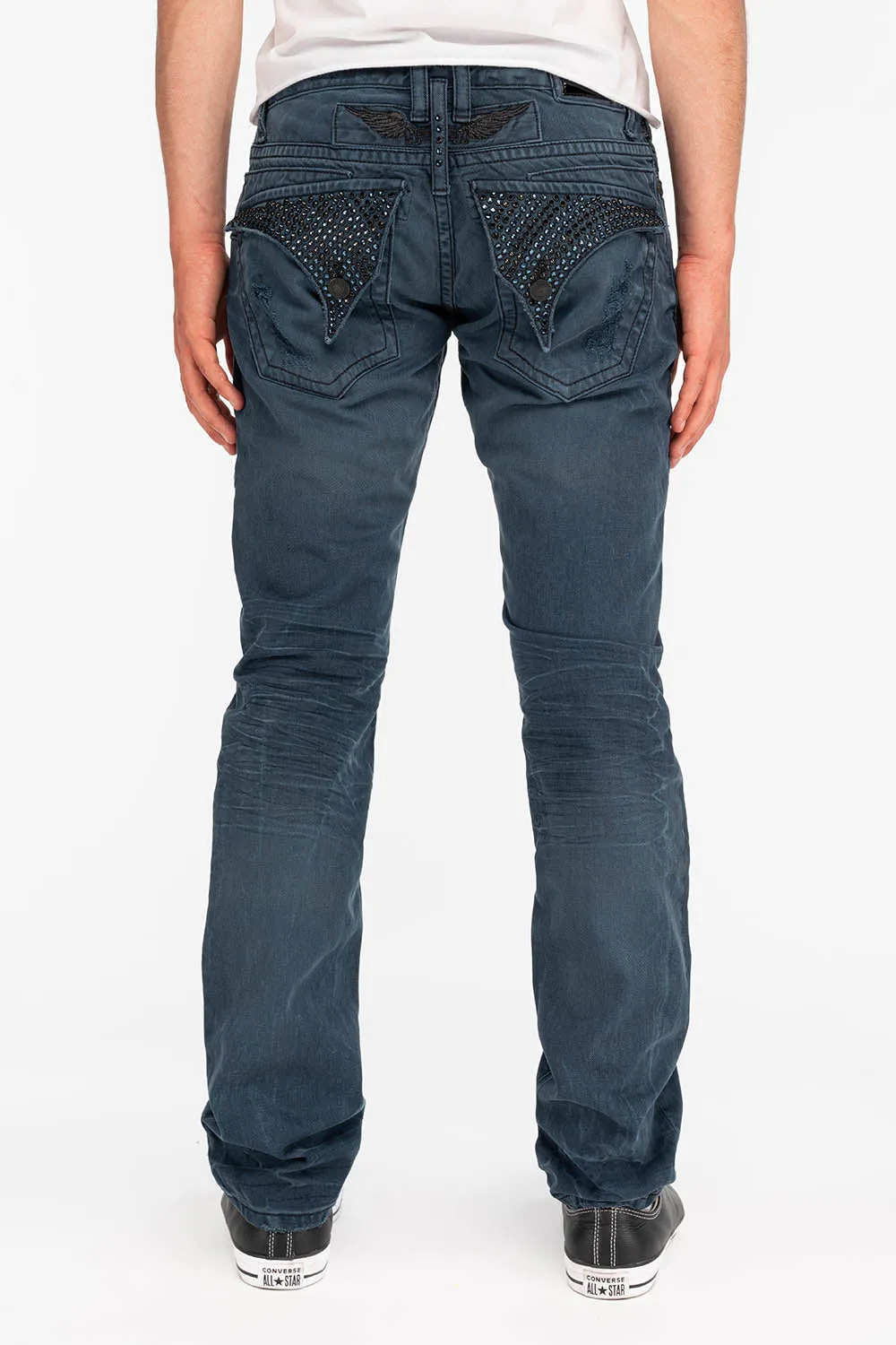 ROBIN'S MENS SLIM LONG FLAP JEANS WITH CRYSTALS IN 4D DARK BROKEN BACKING sold by Robin's Jean