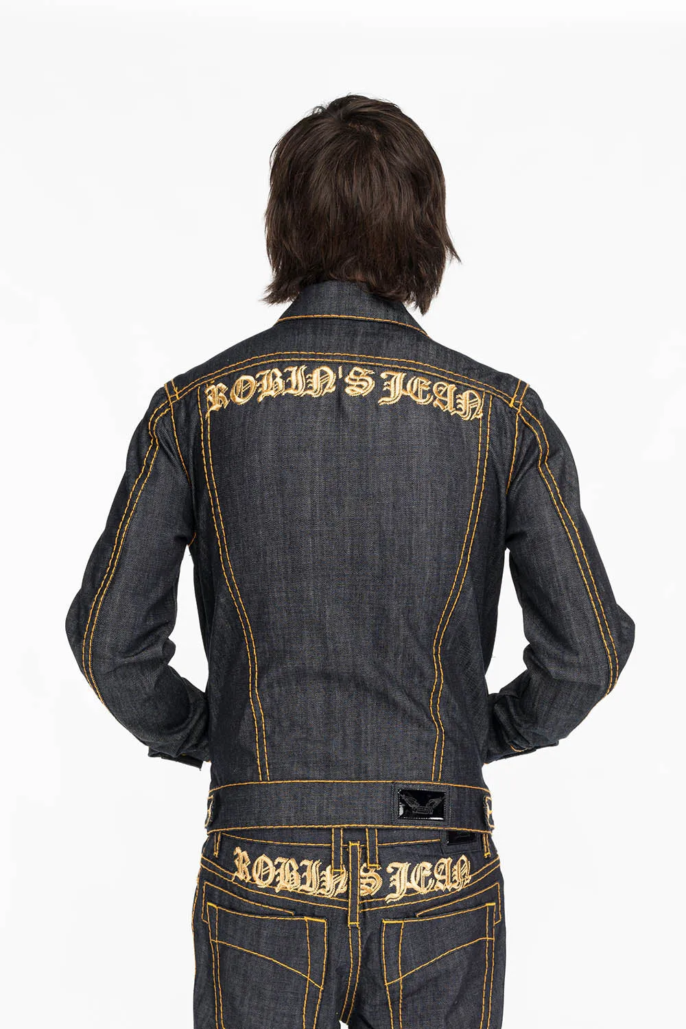 MENS DENIM JACKET IN RAW DENIM WITH HEAVY ORANGE STITCHING AND EMBROIDERED O.E. SCRIPT sold by Robin's Jean product image thumbnail 2