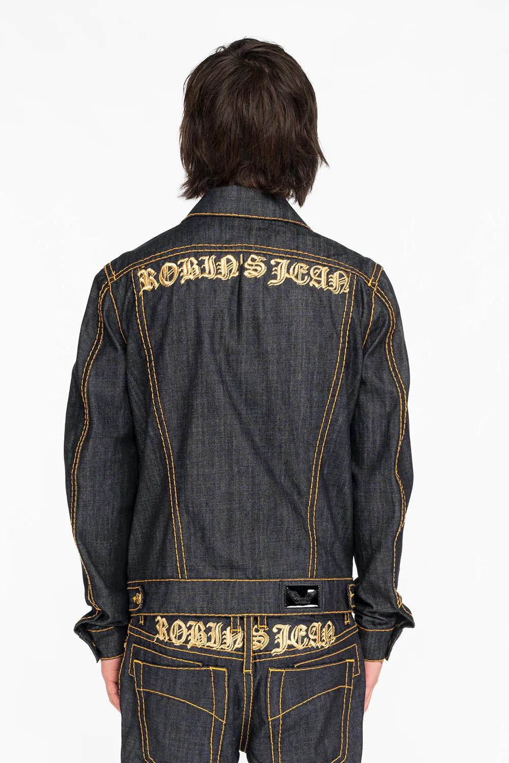MENS DENIM JACKET IN RAW DENIM WITH HEAVY ORANGE STITCHING AND EMBROIDERED O.E. SCRIPT sold by Robin's Jean product image thumbnail 3