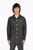 MENS DENIM JACKET IN RAW DENIM WITH HEAVY ORANGE STITCHING AND EMBROIDERED O.E. SCRIPT sold by Robin's Jean
