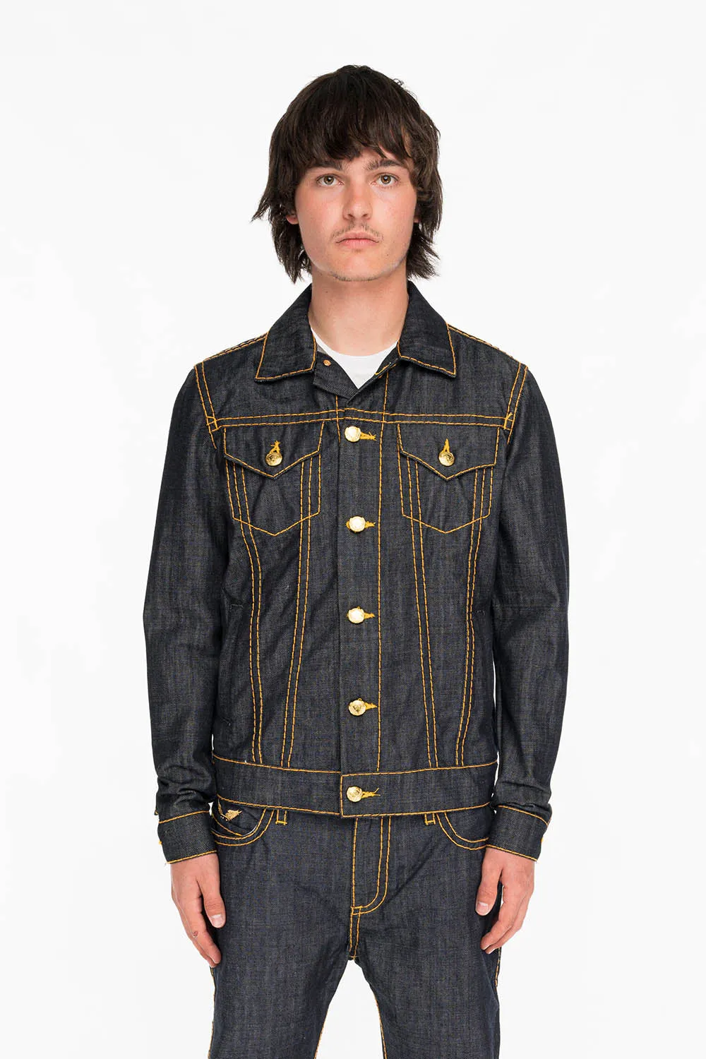 MENS DENIM JACKET IN RAW DENIM WITH HEAVY ORANGE STITCHING AND EMBROIDERED O.E. SCRIPT sold by Robin's Jean