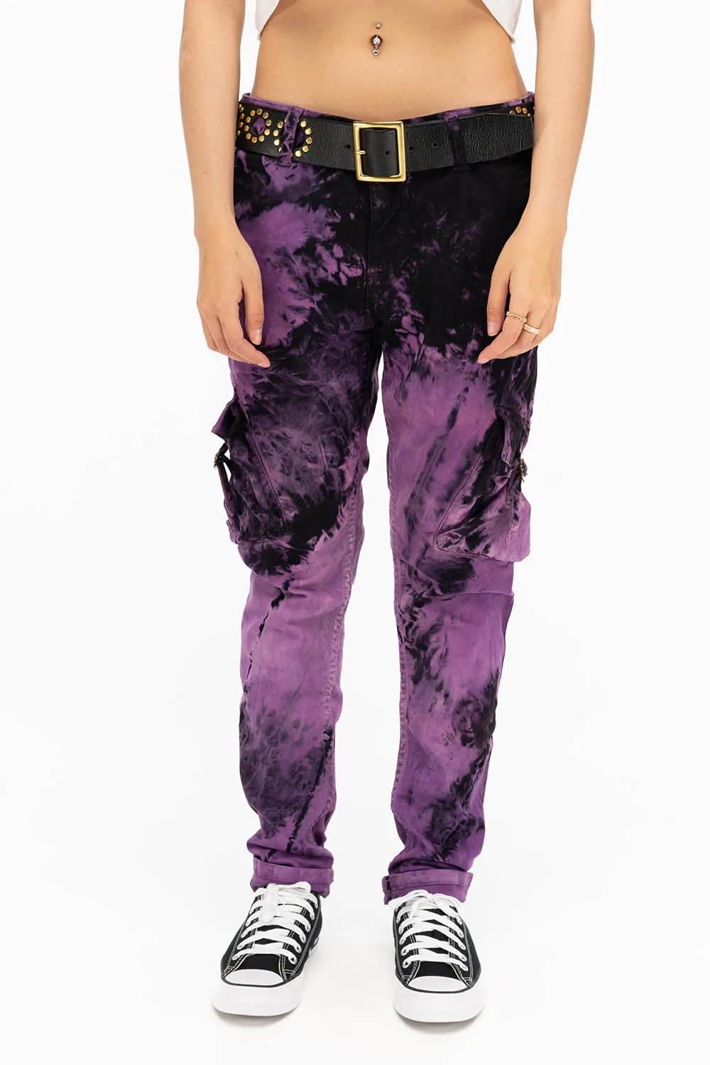 MILITARY STYLE WOMENS CARGO PANTS IN TIE DYE PURPLE sold by Robin's Jean