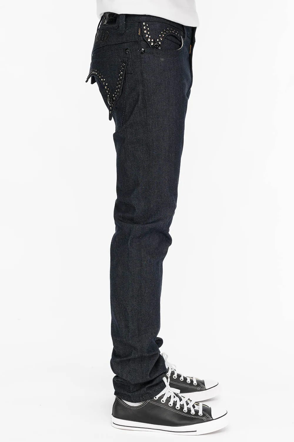 MENS RAW DENIM SLIM FIT KILLER FLAP JEANS WITH O.E. BLACK SCRIPT EMBROIDERY AND CRYSTALS sold by Robin's Jean product image thumbnail 2