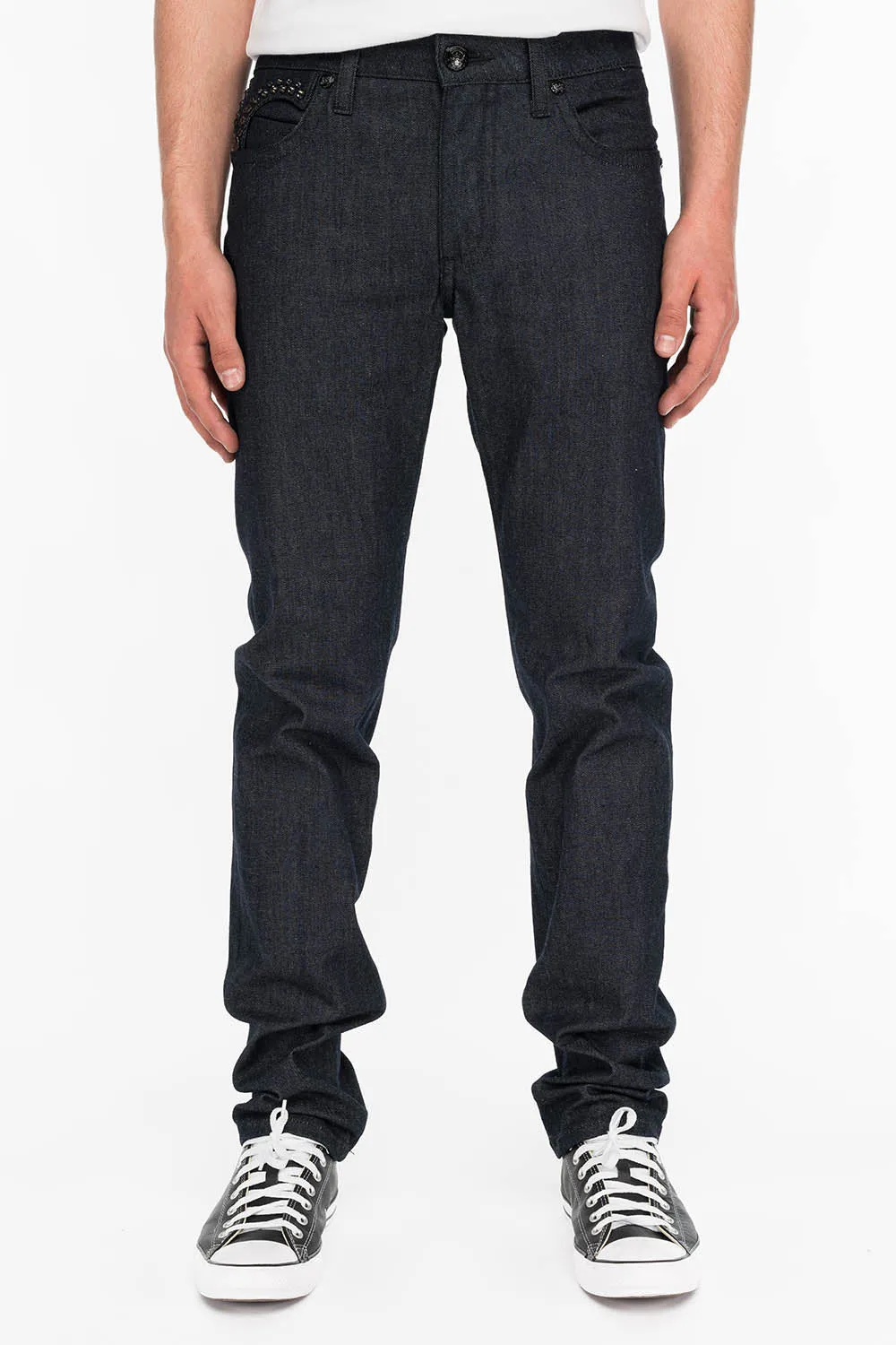 MENS RAW DENIM SLIM FIT KILLER FLAP JEANS WITH O.E. BLACK SCRIPT EMBROIDERY AND CRYSTALS sold by Robin's Jean product image thumbnail 3