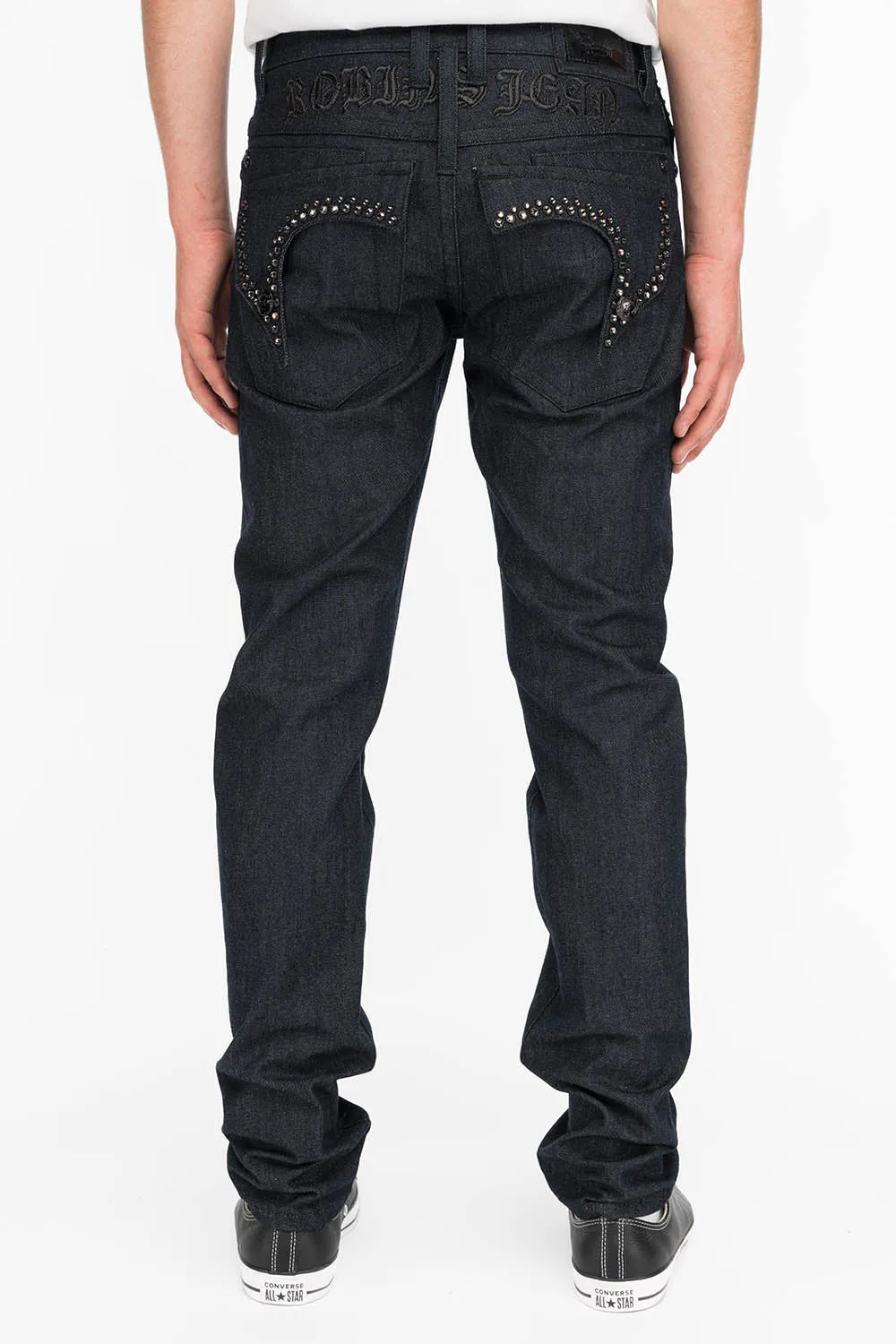 MENS RAW DENIM SLIM FIT KILLER FLAP JEANS WITH O.E. BLACK SCRIPT EMBROIDERY AND CRYSTALS sold by Robin's Jean