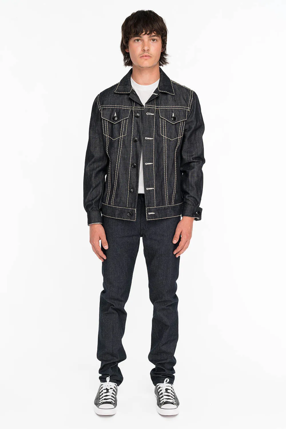 MENS RAW DENIM SLIM FIT KILLER FLAP JEANS WITH O.E. BLACK SCRIPT EMBROIDERY AND CRYSTALS sold by Robin's Jean product image thumbnail 4