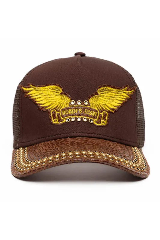 BROWN PYTHON TRUCKER HAT WITH GOLD EMBELLISHMENT sold by Robin's Jean