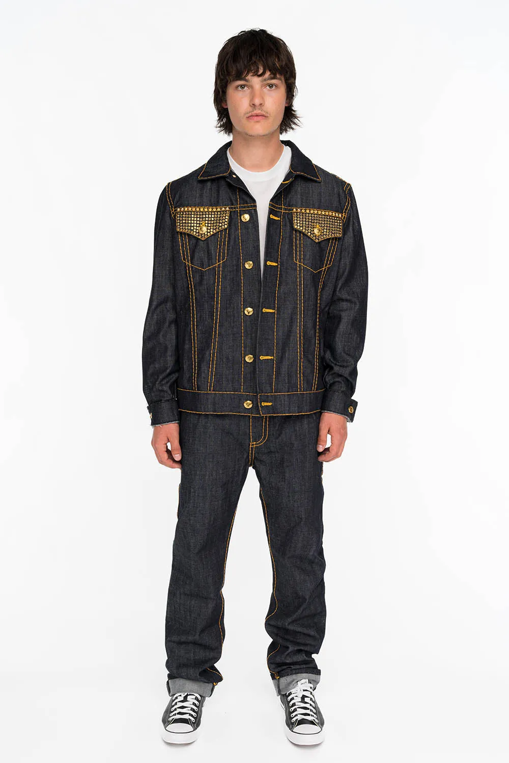 MENS RAW DENIM SLIM FIT CLASSIC JEANS WITH ORANGE HEAVY STITCHING AND EMBROIDERED WINGS sold by Robin's Jean product image thumbnail 4