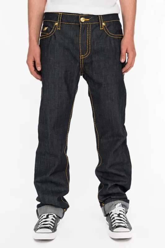 MENS RAW DENIM SLIM FIT CLASSIC JEANS WITH ORANGE HEAVY STITCHING AND EMBROIDERED WINGS sold by Robin's Jean