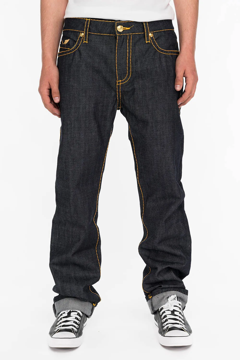 MENS RAW DENIM SLIM FIT CLASSIC JEANS WITH ORANGE HEAVY STITCHING AND EMBROIDERED WINGS sold by Robin's Jean