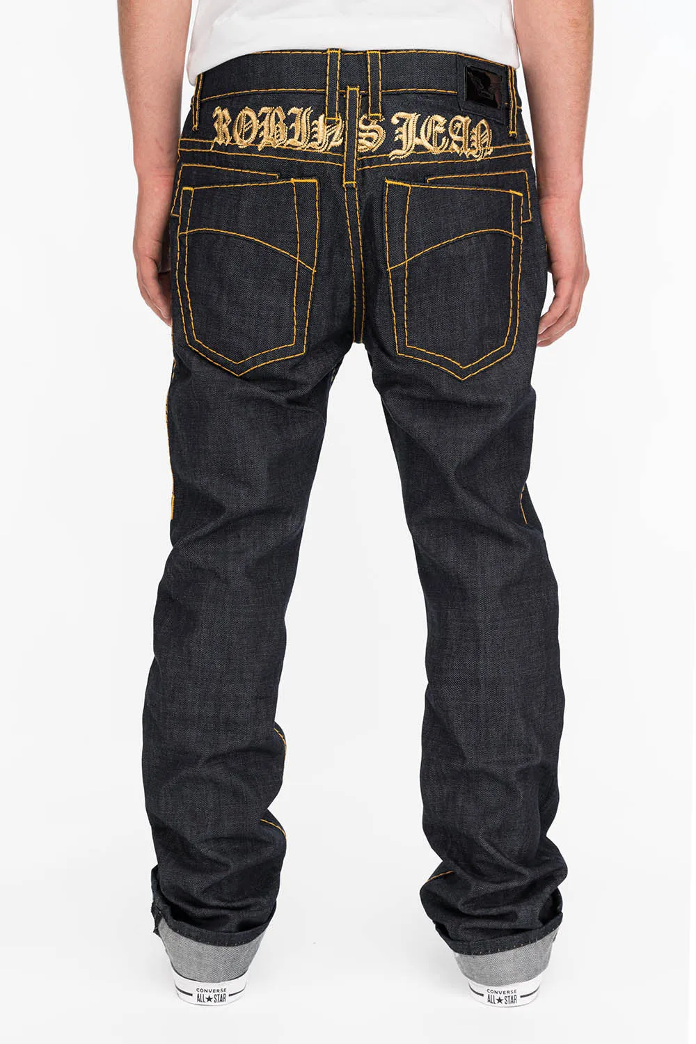 MENS RAW DENIM SLIM FIT CLASSIC JEANS WITH ORANGE HEAVY STITCHING AND EMBROIDERED WINGS sold by Robin's Jean product image thumbnail 3