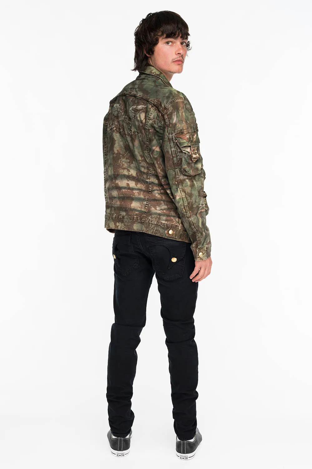 KILLER FLAP MENS SKINNY JEANS IN BLACK WITH GOLD O.E. LOGO sold by Robin's Jean product image thumbnail 5