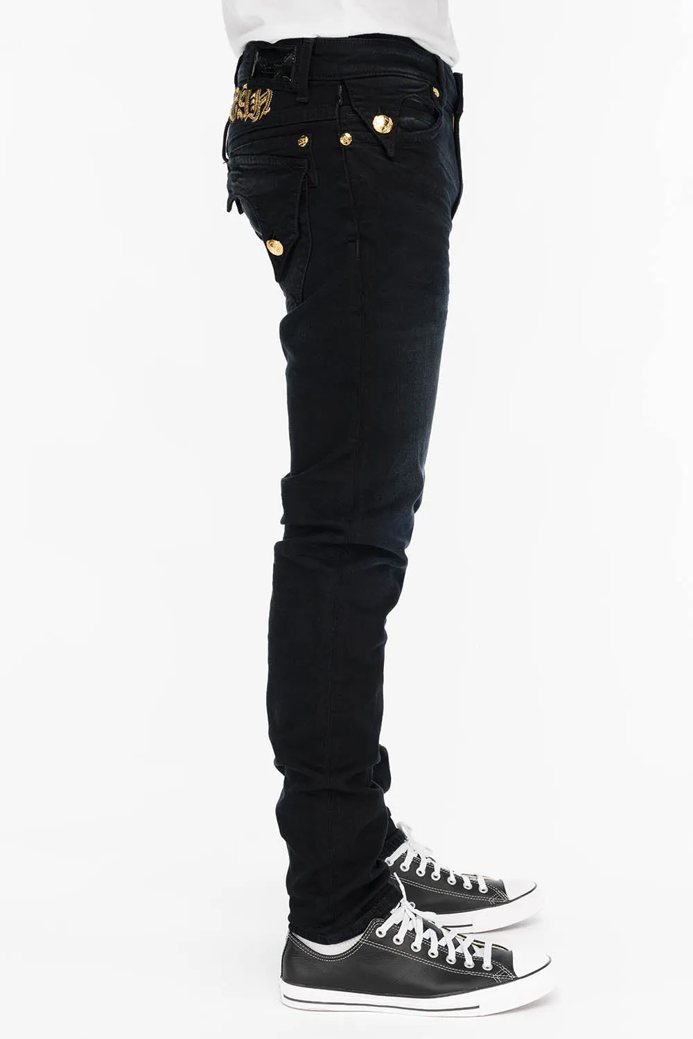 KILLER FLAP MENS SKINNY JEANS IN BLACK WITH GOLD O.E. LOGO sold by Robin's Jean product image thumbnail 2