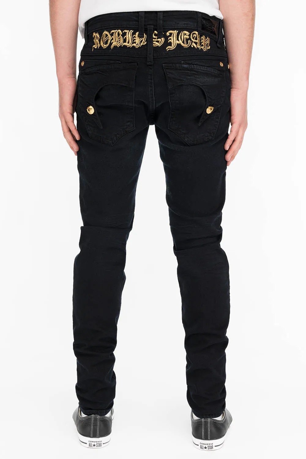 KILLER FLAP MENS SKINNY JEANS IN BLACK WITH GOLD O.E. LOGO sold by Robin's Jean product image thumbnail 3