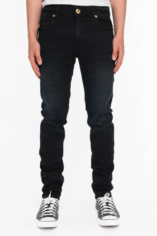 KILLER FLAP MENS SKINNY JEANS IN BLACK WITH GOLD O.E. LOGO sold by Robin's Jean