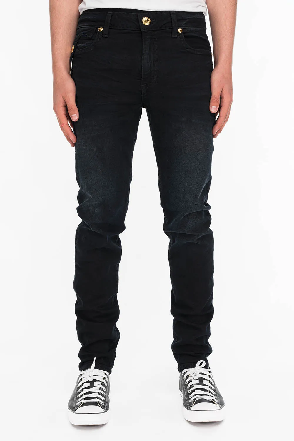 KILLER FLAP MENS SKINNY JEANS IN BLACK WITH GOLD O.E. LOGO sold by Robin's Jean