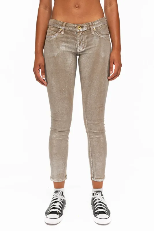 MARILYN  WOMENS SKINNY JEANS IN KHAKI SILVER FOIL WASH WITH TONAL WINGS sold by Robin's Jean