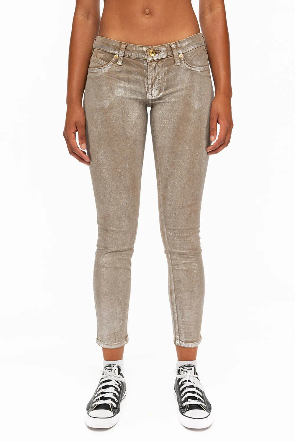 MARILYN WOMENS SKINNY JEANS IN KHAKI SILVER FOIL WASH WITH TONAL WINGS sold by Robin's Jean
