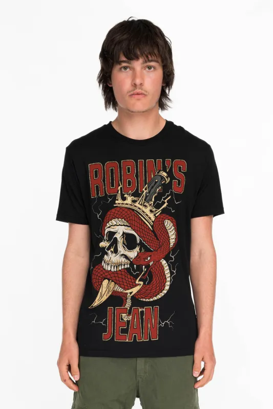 ROBINS SNAKE SCULL GOLD GLITTER TEE IN BLACK sold by Robin's Jean