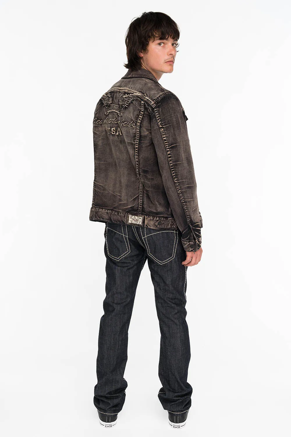 MENS RAW DENIM SLIM FIT CLASSIC JEANS WITH HEAVY STITCHING AND WHITE EMBROIDERED WINGS sold by Robin's Jean product image thumbnail 3