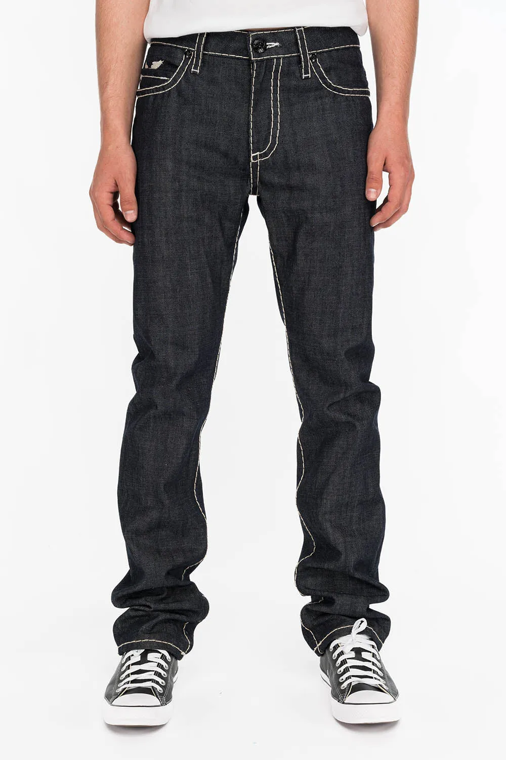 MENS RAW DENIM SLIM FIT CLASSIC JEANS WITH HEAVY STITCHING AND WHITE EMBROIDERED WINGS sold by Robin's Jean