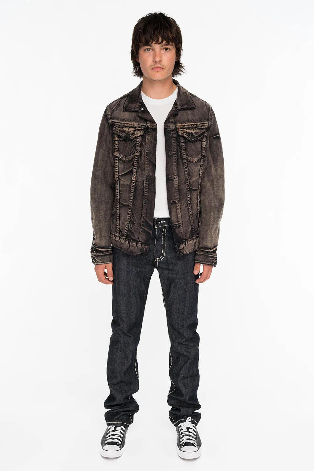 MENS RAW DENIM SLIM FIT CLASSIC JEANS WITH HEAVY STITCHING AND WHITE EMBROIDERED WINGS sold by Robin's Jean product image thumbnail 5