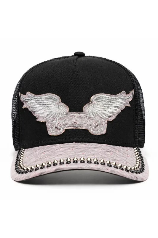 BLK/GREY OSTRICH TRUCKER HAT WITH SILVER SPIKE/BLK CRYSTAL EMBELLISHMENT sold by Robin's Jean