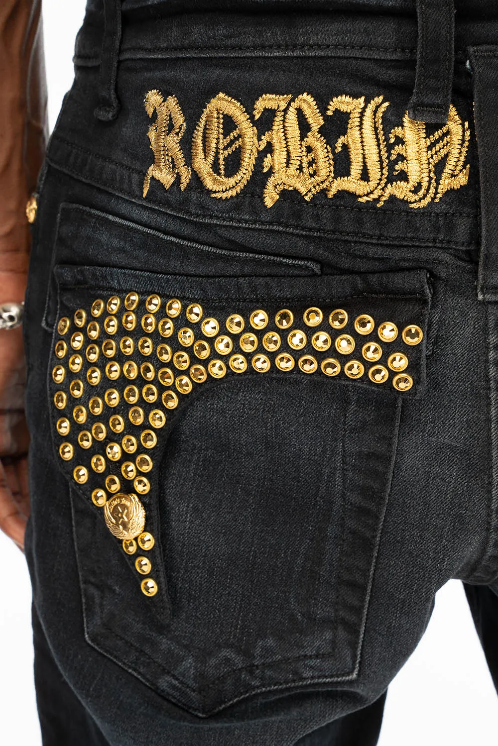 KILLER FLAP SKINNY MENS JEANS IN F_UP BLACK WITH FULL GOLD CRYSTALS sold by Robin's Jean product image thumbnail 3