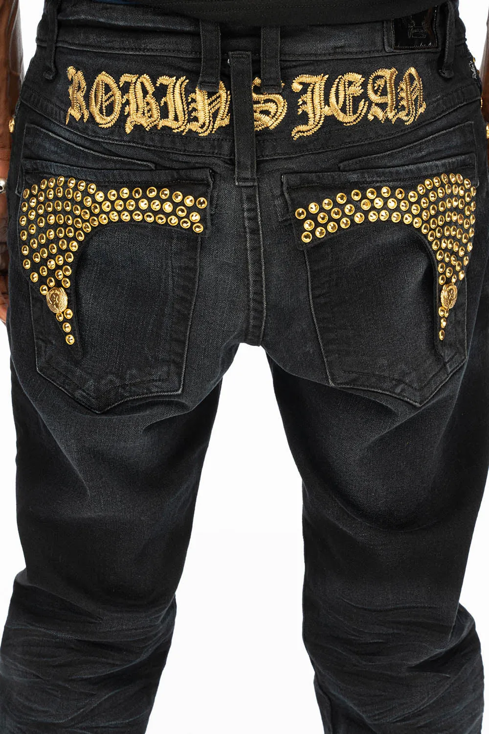 KILLER FLAP SKINNY MENS JEANS IN F_UP BLACK WITH FULL GOLD CRYSTALS sold by Robin's Jean