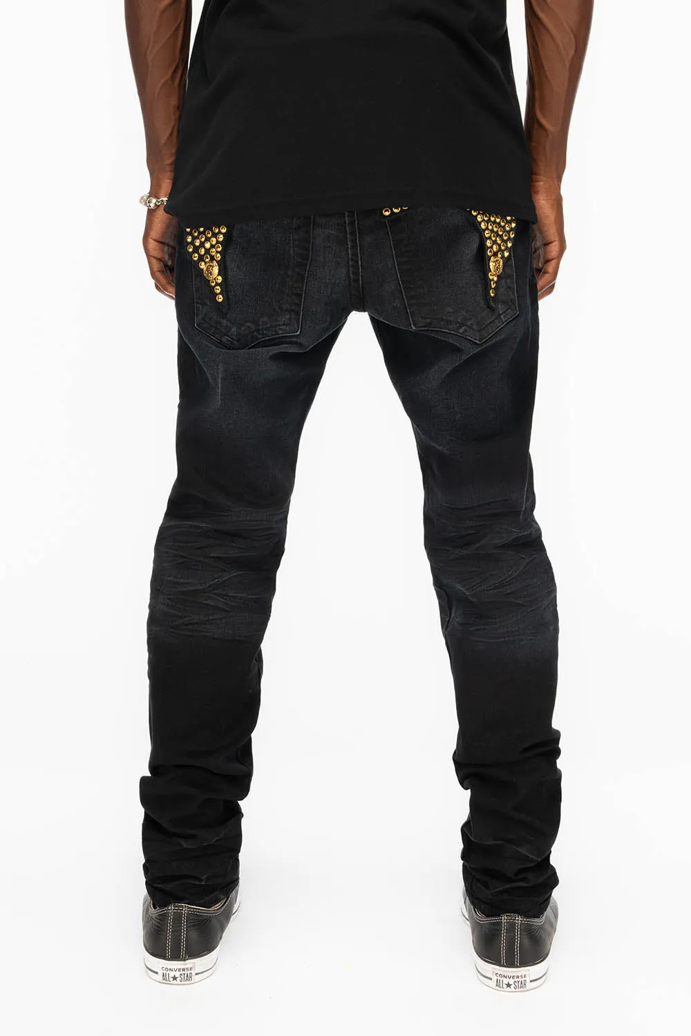 KILLER FLAP SKINNY MENS JEANS IN F_UP BLACK WITH FULL GOLD CRYSTALS sold by Robin's Jean product image thumbnail 5
