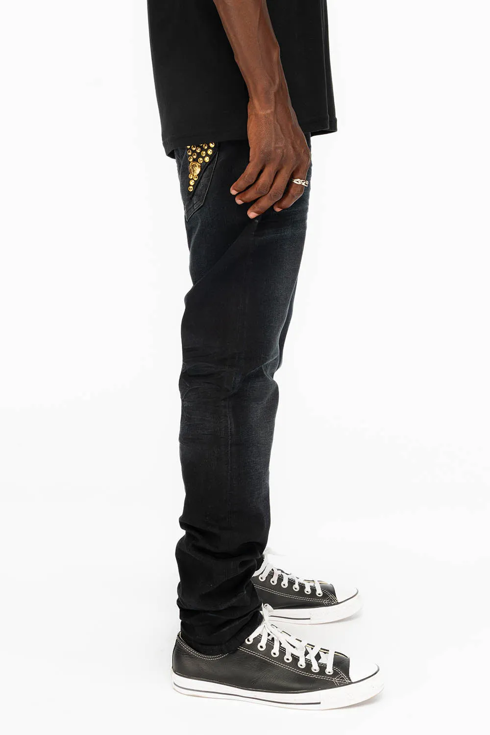 KILLER FLAP SKINNY MENS JEANS IN F_UP BLACK WITH FULL GOLD CRYSTALS sold by Robin's Jean product image thumbnail 4