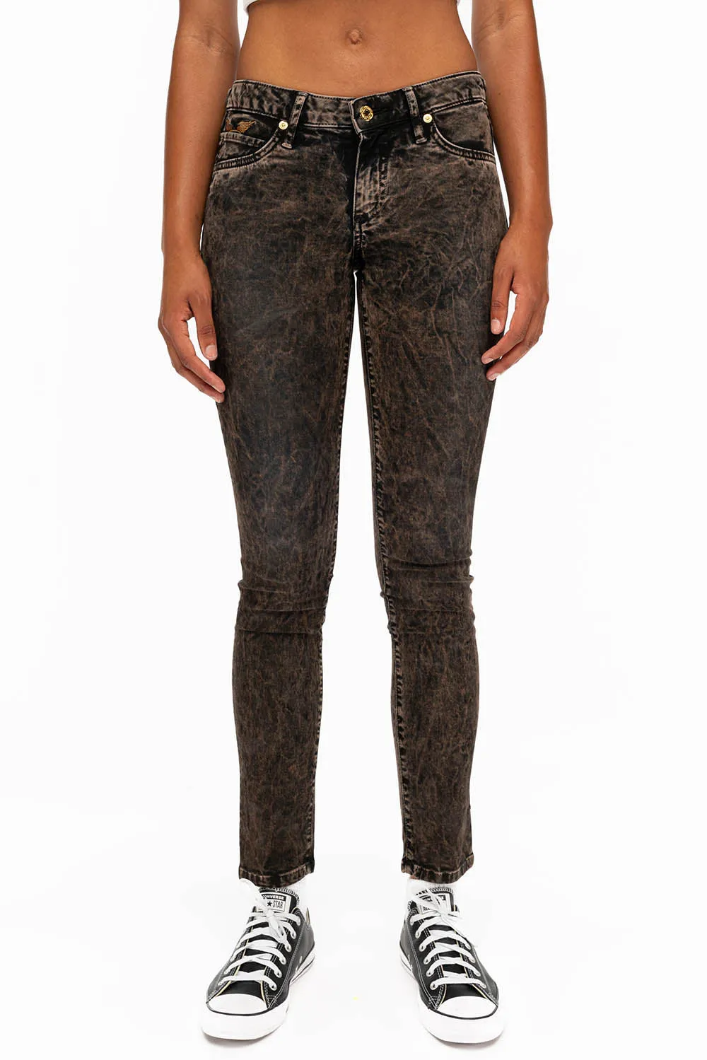 JANE MID RISE WOMENS SKINNY JEANS IN BROWN THUNDER WITH GOLD WINGS sold by Robin's Jean