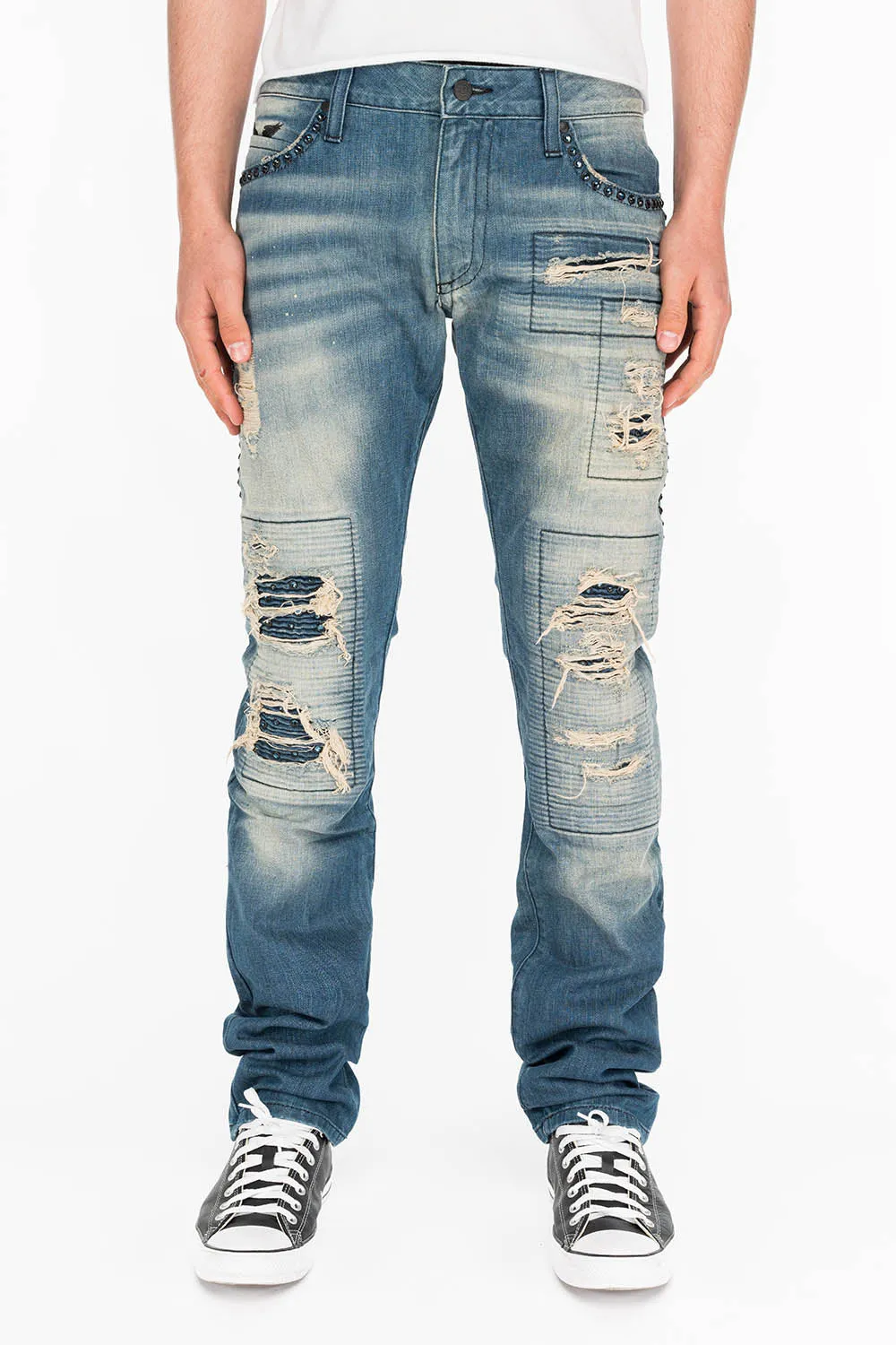 CROSSED OUT LONG FLAP MENS JEANS IN 3D MEDIUM BROKEN WITH CRYSTALS sold by Robin's Jean