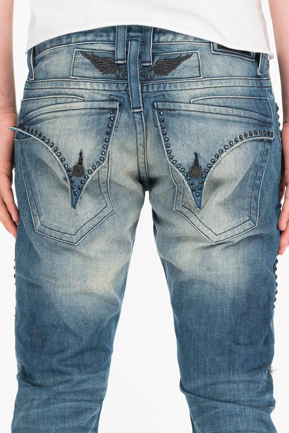 CROSSED OUT LONG FLAP MENS JEANS IN 3D MEDIUM BROKEN WITH CRYSTALS sold by Robin's Jean product image thumbnail 5