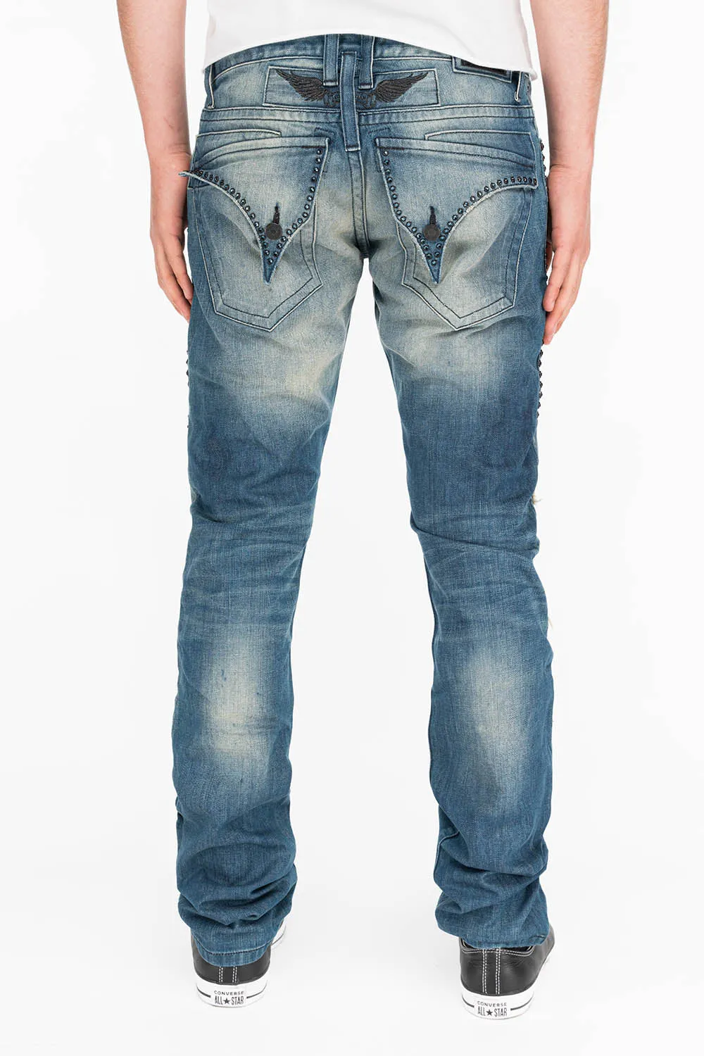 CROSSED OUT LONG FLAP MENS JEANS IN 3D MEDIUM BROKEN WITH CRYSTALS sold by Robin's Jean product image thumbnail 3