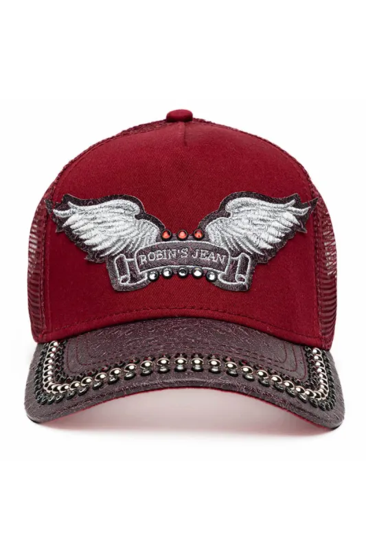 BURGUNDY/WINE OSTRICH TRUCKER HAT WITH SILVER EMBELLISHMENT sold by Robin's Jean