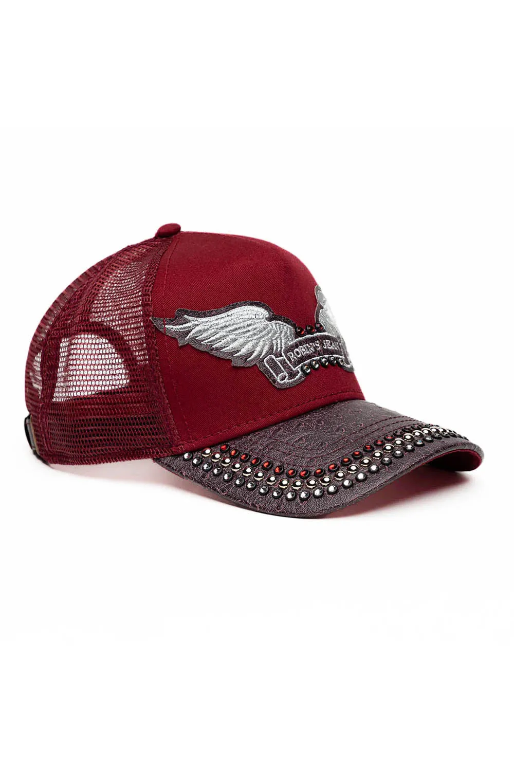 BURGUNDY/WINE OSTRICH TRUCKER HAT WITH SILVER EMBELLISHMENT sold by Robin's Jean product image thumbnail 3