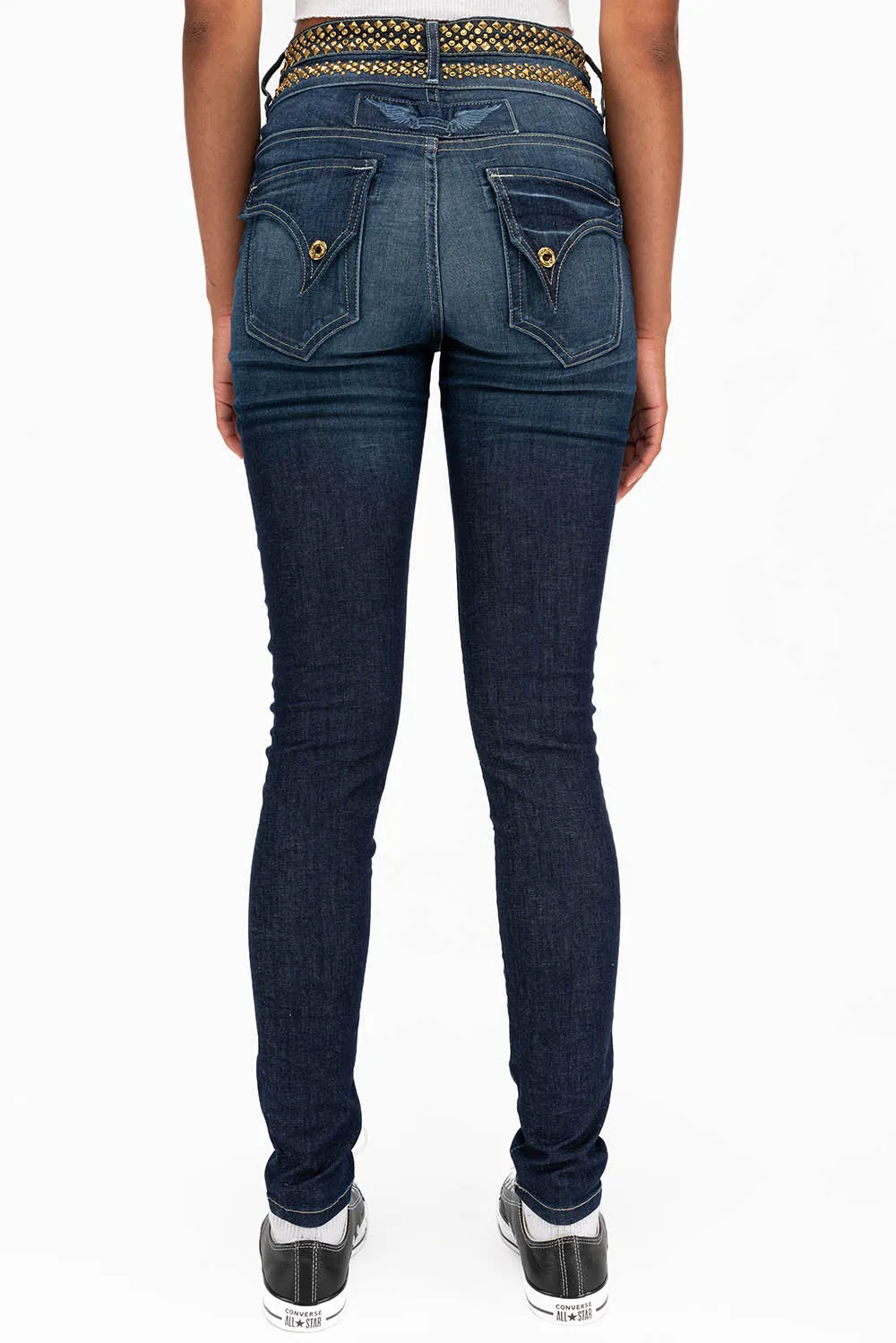 WOMENS KILLER FLAP DOUBLE WAIST HIGH RISE SKINNY JEANS IN LIBERTY DARK WITH STUDS AND CRYSTALS sold by Robin's Jean product image thumbnail 3