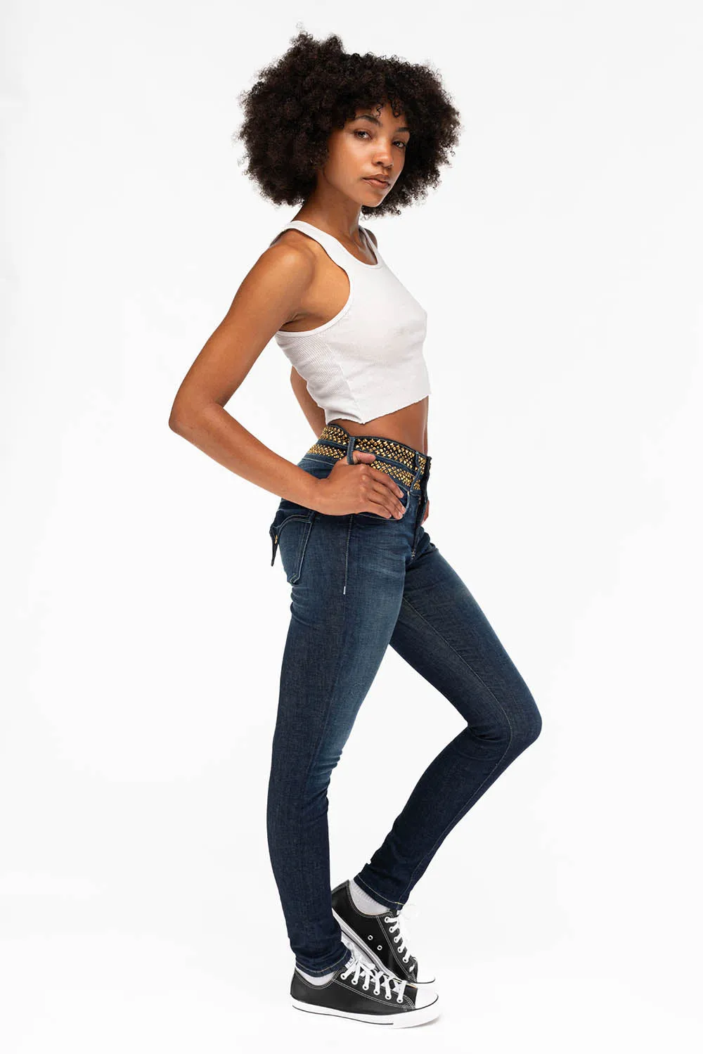 WOMENS KILLER FLAP DOUBLE WAIST HIGH RISE SKINNY JEANS IN LIBERTY DARK WITH STUDS AND CRYSTALS sold by Robin's Jean product image thumbnail 4