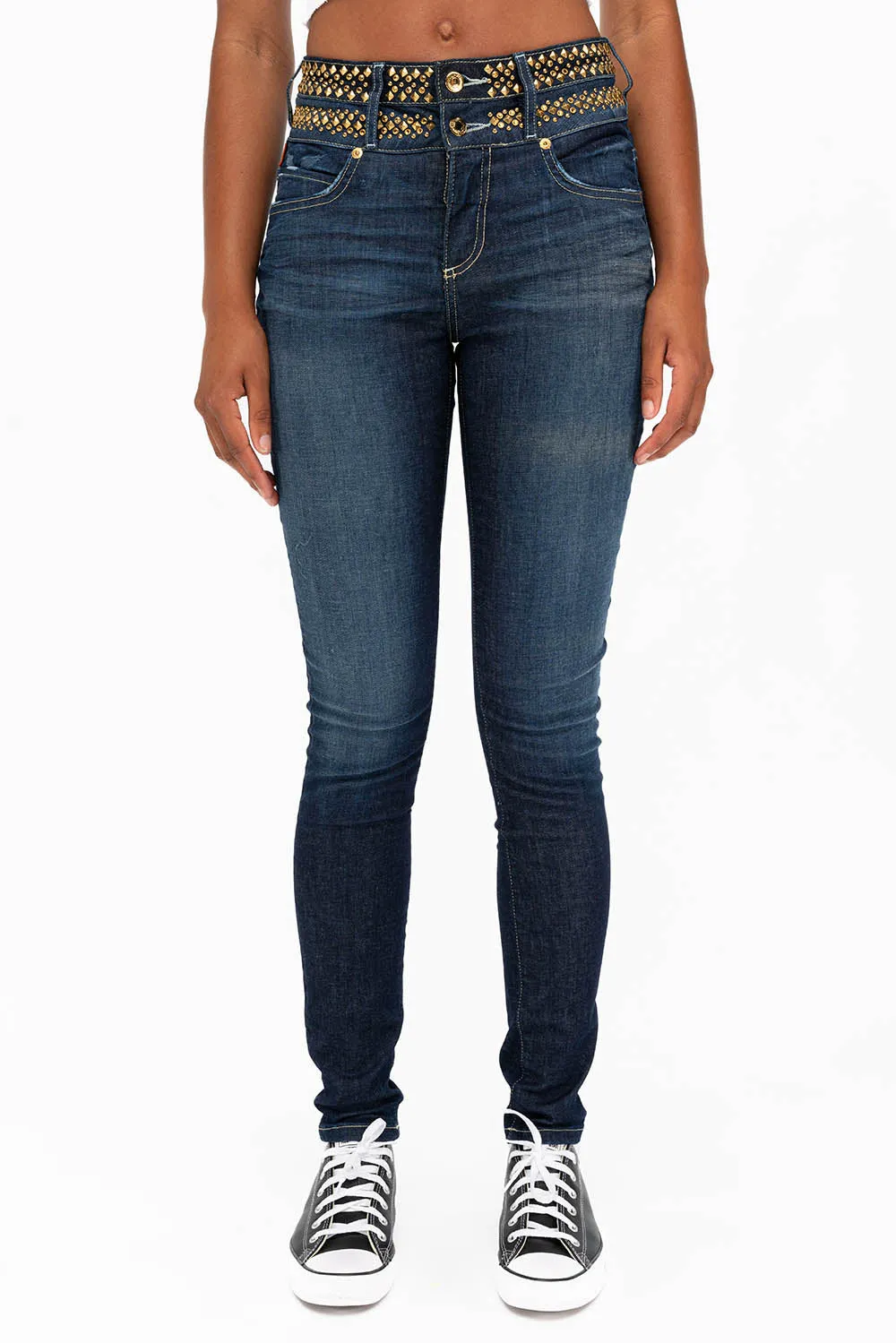 WOMENS KILLER FLAP DOUBLE WAIST HIGH RISE SKINNY JEANS IN LIBERTY DARK WITH STUDS AND CRYSTALS sold by Robin's Jean