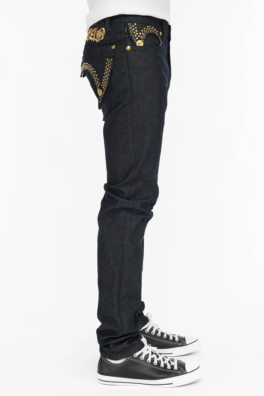 MENS RAW DENIM SLIM FIT KILLER FLAP JEANS WITH GOLD O.E. SCRIPT AND CRYSTALS sold by Robin's Jean product image thumbnail 2