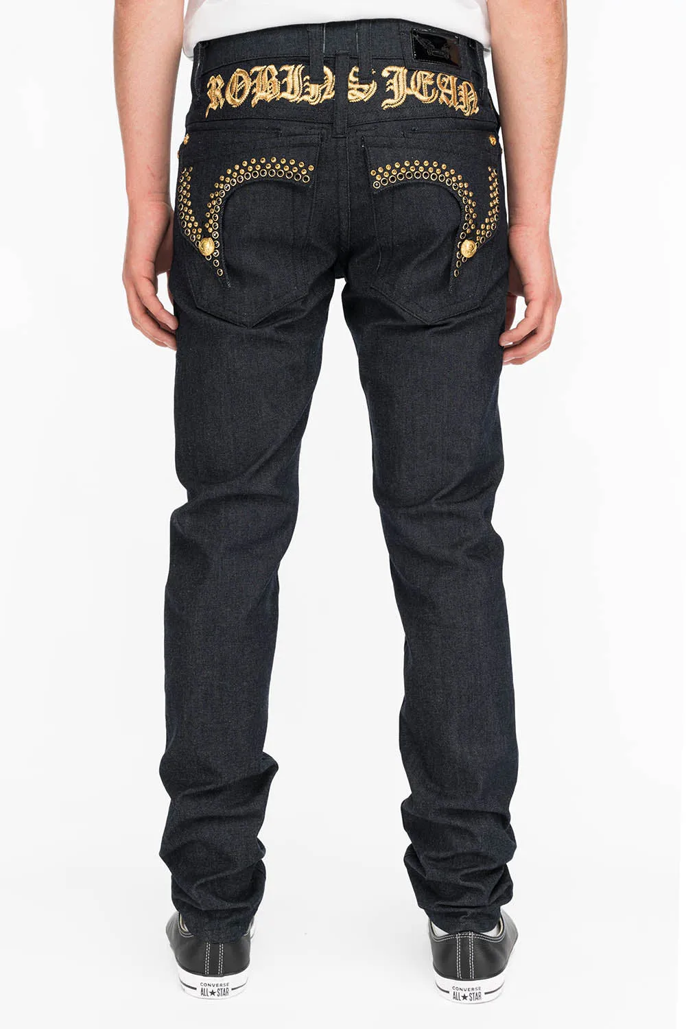 MENS RAW DENIM SLIM FIT KILLER FLAP JEANS WITH GOLD O.E. SCRIPT AND CRYSTALS sold by Robin's Jean