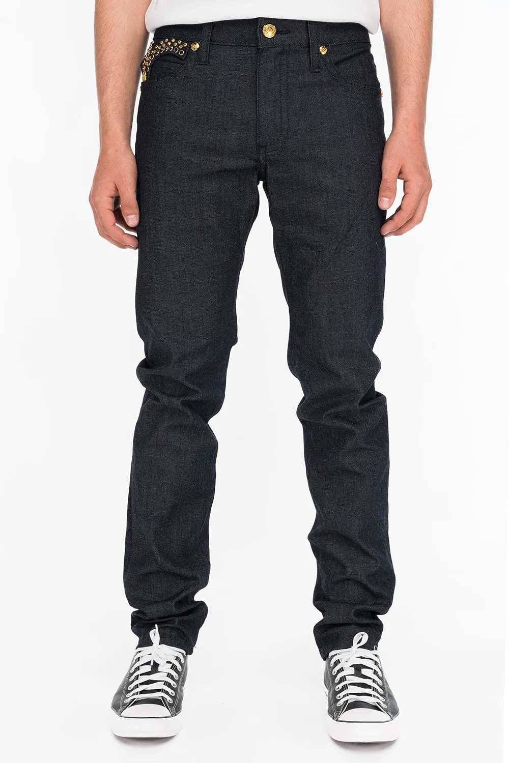 MENS RAW DENIM SLIM FIT KILLER FLAP JEANS WITH GOLD O.E. SCRIPT AND CRYSTALS sold by Robin's Jean product image thumbnail 3