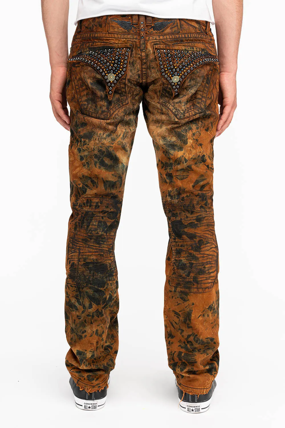 MENS LONG FLAP SLIM JEANS WITH STUDS AND CRYSTALS IN LOS ANGELES WASH sold by Robin's Jean