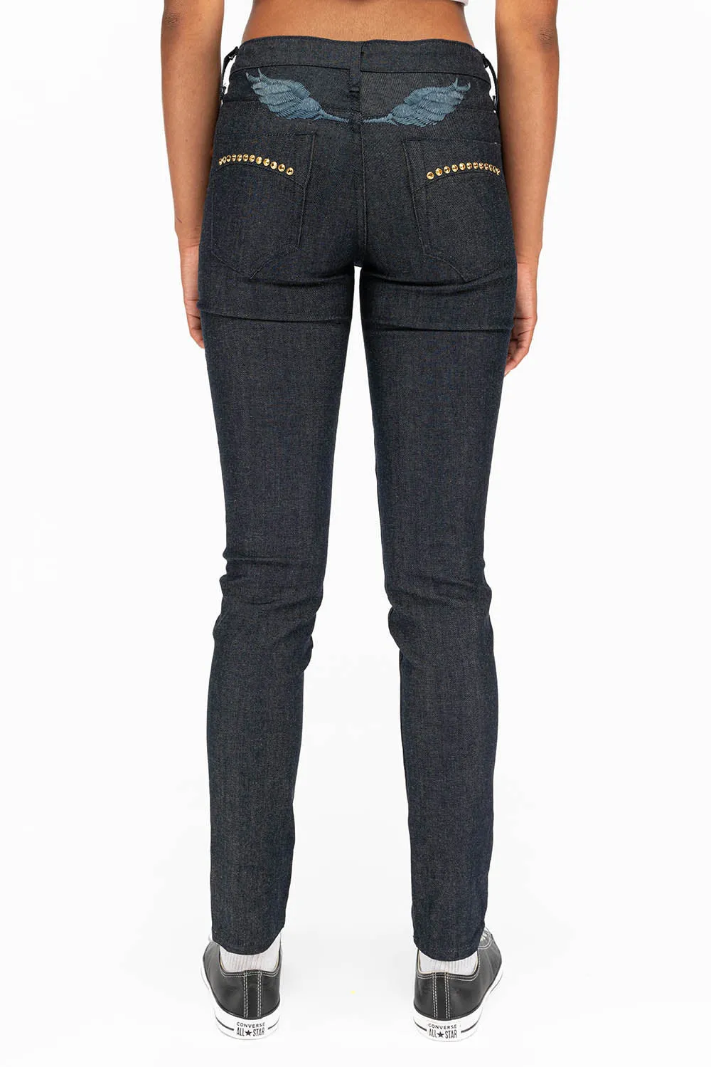 WOMENS CLASSIC 5 POCKET SKINNY JEANS WITH GOLD CRYSTALS IN RAW sold by Robin's Jean product image thumbnail 2