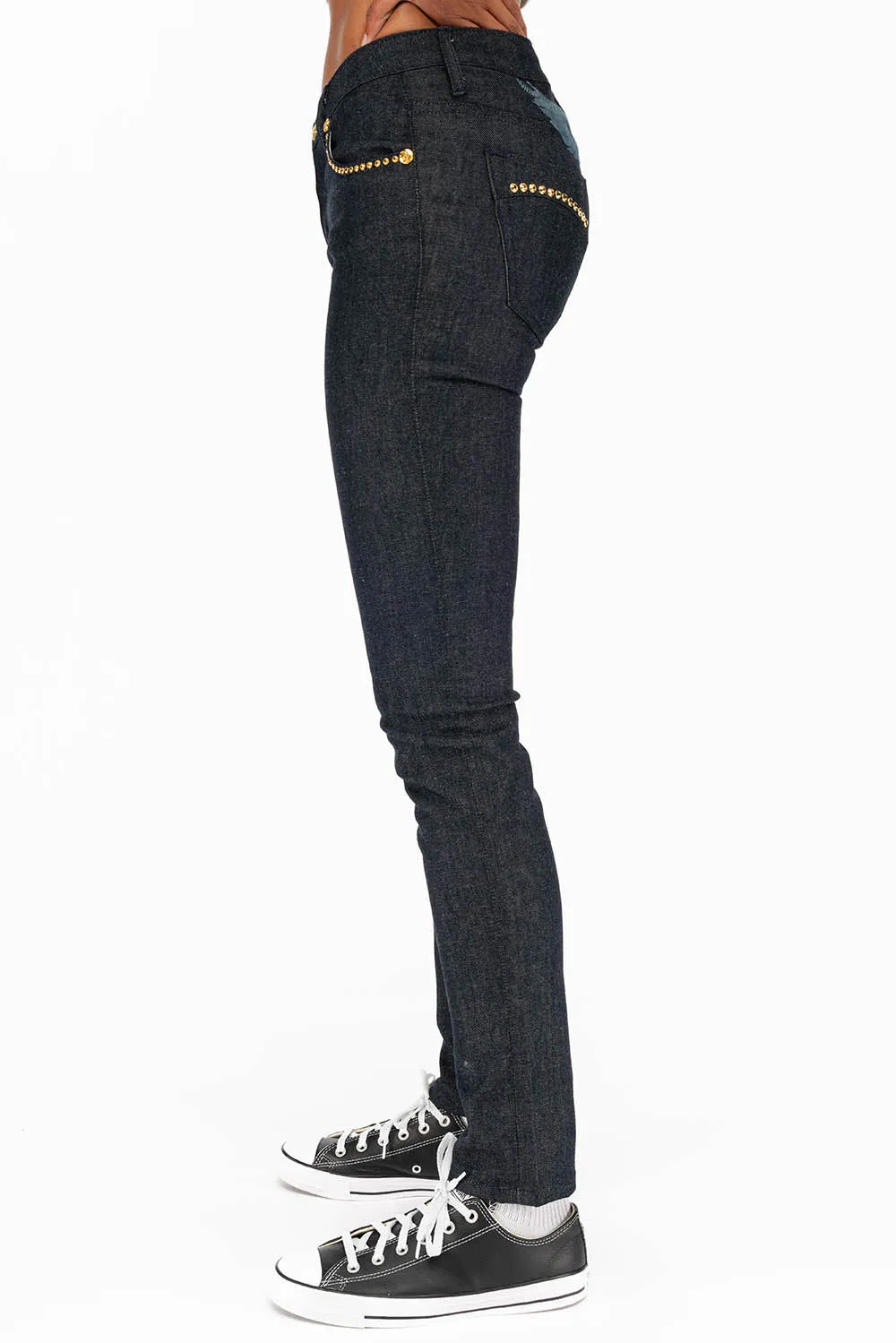 WOMENS CLASSIC 5 POCKET SKINNY JEANS WITH GOLD CRYSTALS IN RAW sold by Robin's Jean product image thumbnail 3